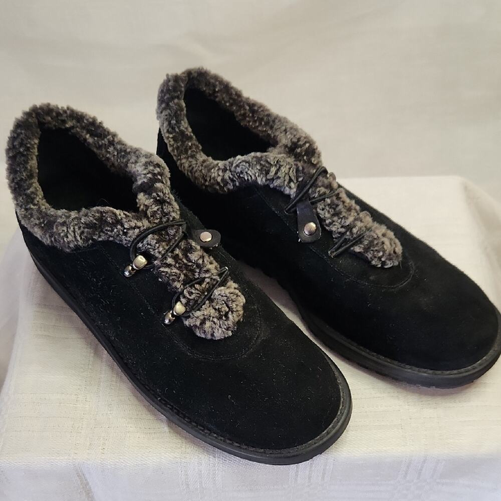 Stuart Weitzman Black and Gray Suede Mules with Fuzzy Lining
